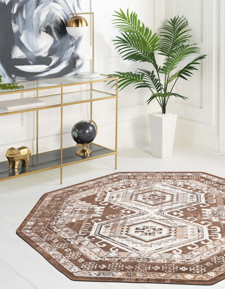 Brown 5' 3 x 5' 3 Charlotte Octagon Area Rug 100% Polypropylene With Jute Backing Traditional Classical Durable Carpet for Living Dining Office Rooms for Sale at Rug Engine