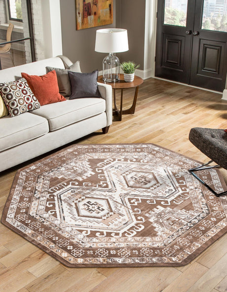 Brown 5' 3 x 5' 3 Charlotte Octagon Area Rug 100% Polypropylene With Jute Backing Traditional Classical Durable Carpet for Living Dining Office Rooms for Sale at Rug Engine