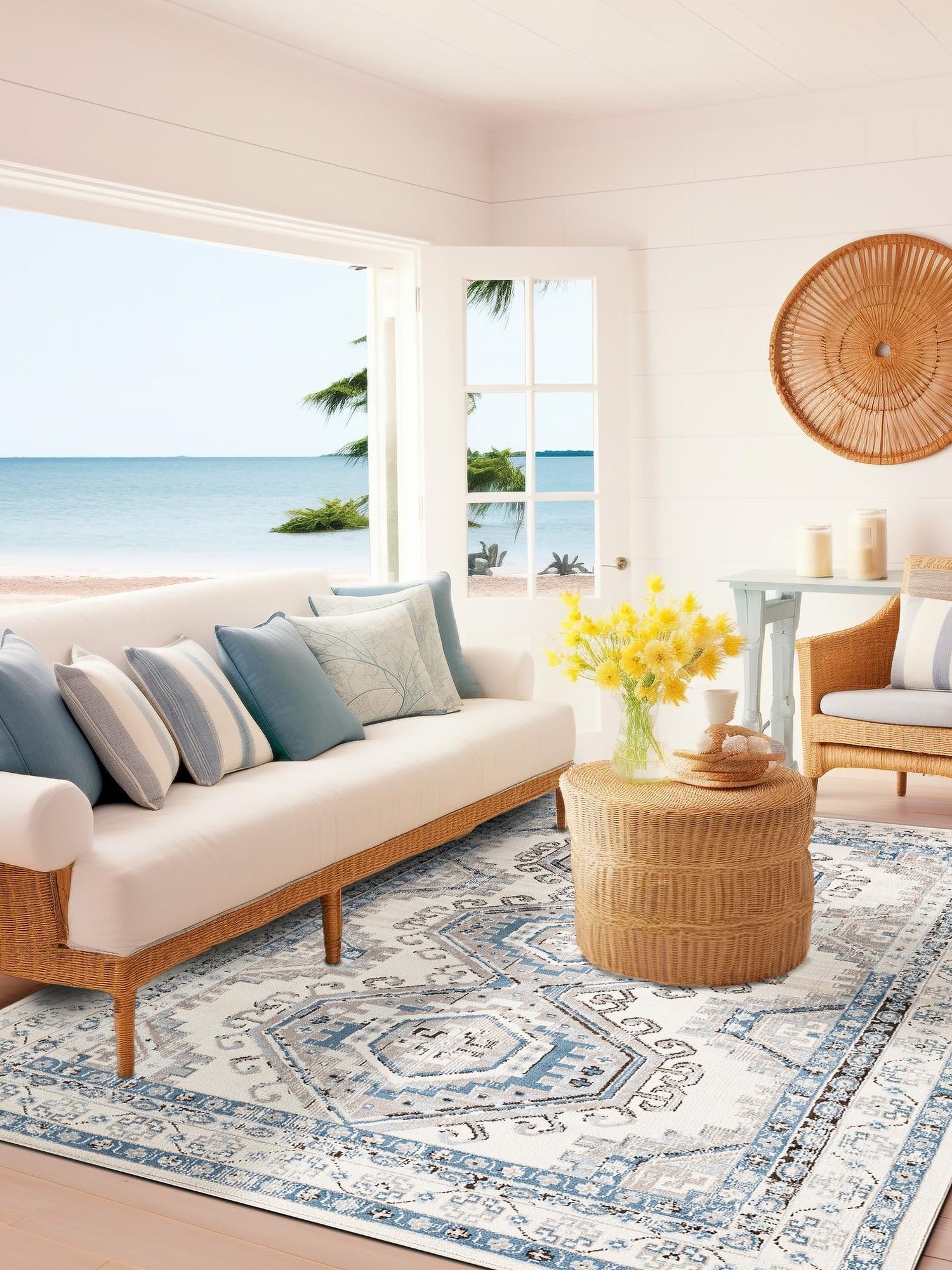 Ivory Aqua 4' 1 x 6' 1 Charlotte Rectangle Area Rug 100% Polypropylene With Jute Backing Traditional Classical Durable Carpet for Living Dining Office Rooms for Sale at Rug Engine