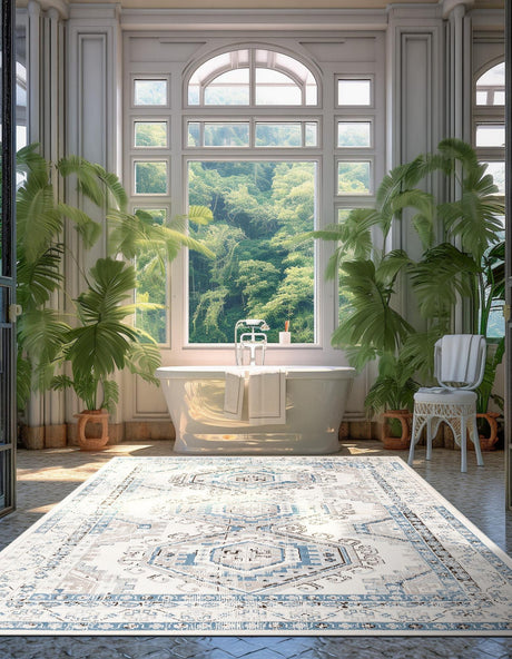 Ivory Aqua 9' x 12' Charlotte Rectangle Area Rug 100% Polypropylene With Jute Backing Traditional Classical Durable Carpet for Living Dining Office Rooms for Sale at Rug Engine