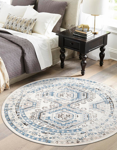 Ivory Aqua 7' 10 x 7' 10 Charlotte Round Area Rug 100% Polypropylene With Jute Backing Traditional Classical Durable Carpet for Living Dining Office Rooms for Sale at Rug Engine