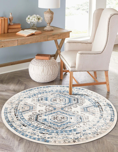 Ivory Aqua 7' 10 x 7' 10 Charlotte Round Area Rug 100% Polypropylene With Jute Backing Traditional Classical Durable Carpet for Living Dining Office Rooms for Sale at Rug Engine
