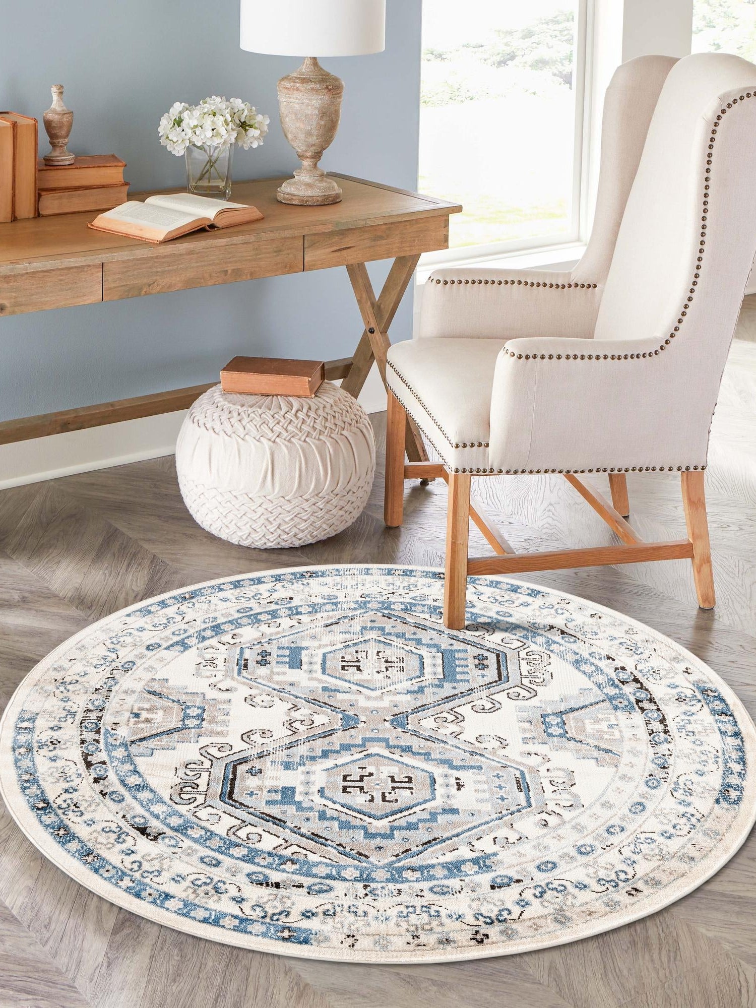 Ivory Aqua 5' 3 x 5' 3 Charlotte Round Area Rug 100% Polypropylene With Jute Backing Traditional Classical Durable Carpet for Living Dining Office Rooms for Sale at Rug Engine