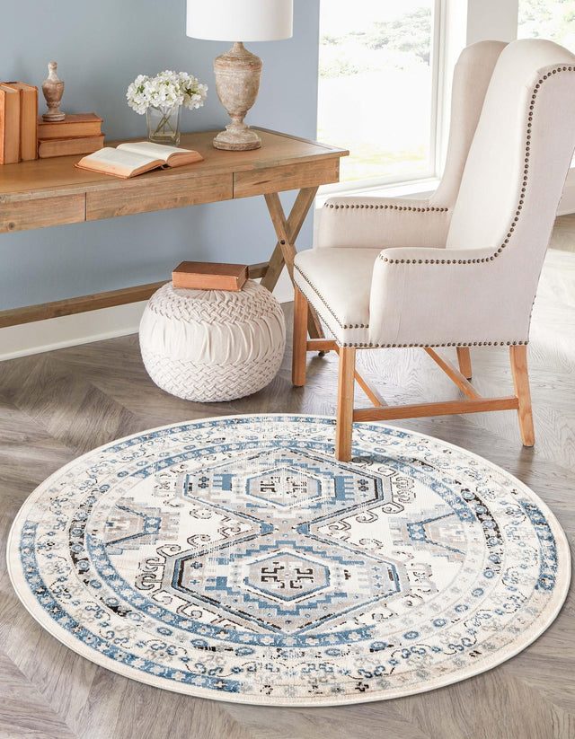 Ivory Aqua 5' 3 x 5' 3 Charlotte Round Area Rug 100% Polypropylene With Jute Backing Traditional Classical Durable Carpet for Living Dining Office Rooms for Sale at Rug Engine