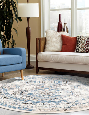Ivory Aqua 7' 10 x 7' 10 Charlotte Round Area Rug 100% Polypropylene With Jute Backing Traditional Classical Durable Carpet for Living Dining Office Rooms for Sale at Rug Engine