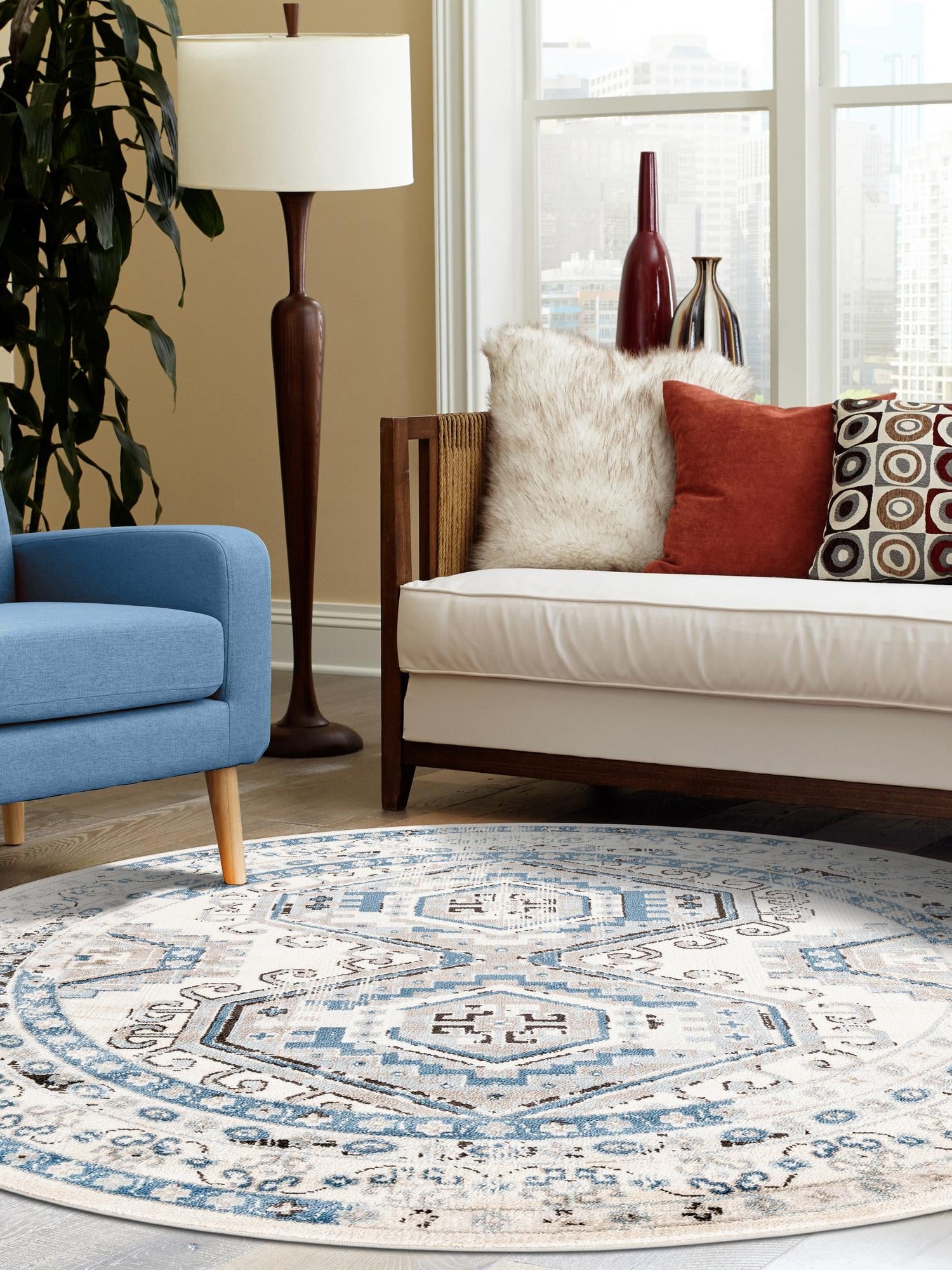 Ivory Aqua 3' 1 x 3' 1 Charlotte Round Area Rug 100% Polypropylene With Jute Backing Traditional Classical Durable Carpet for Living Dining Office Rooms for Sale at Rug Engine