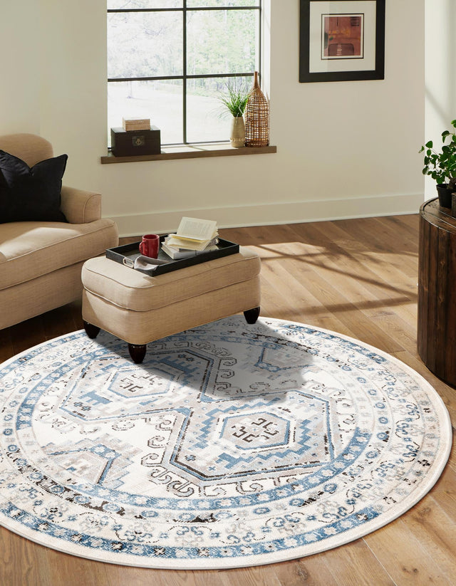 Ivory Aqua 7' 10 x 7' 10 Charlotte Round Area Rug 100% Polypropylene With Jute Backing Traditional Classical Durable Carpet for Living Dining Office Rooms for Sale at Rug Engine