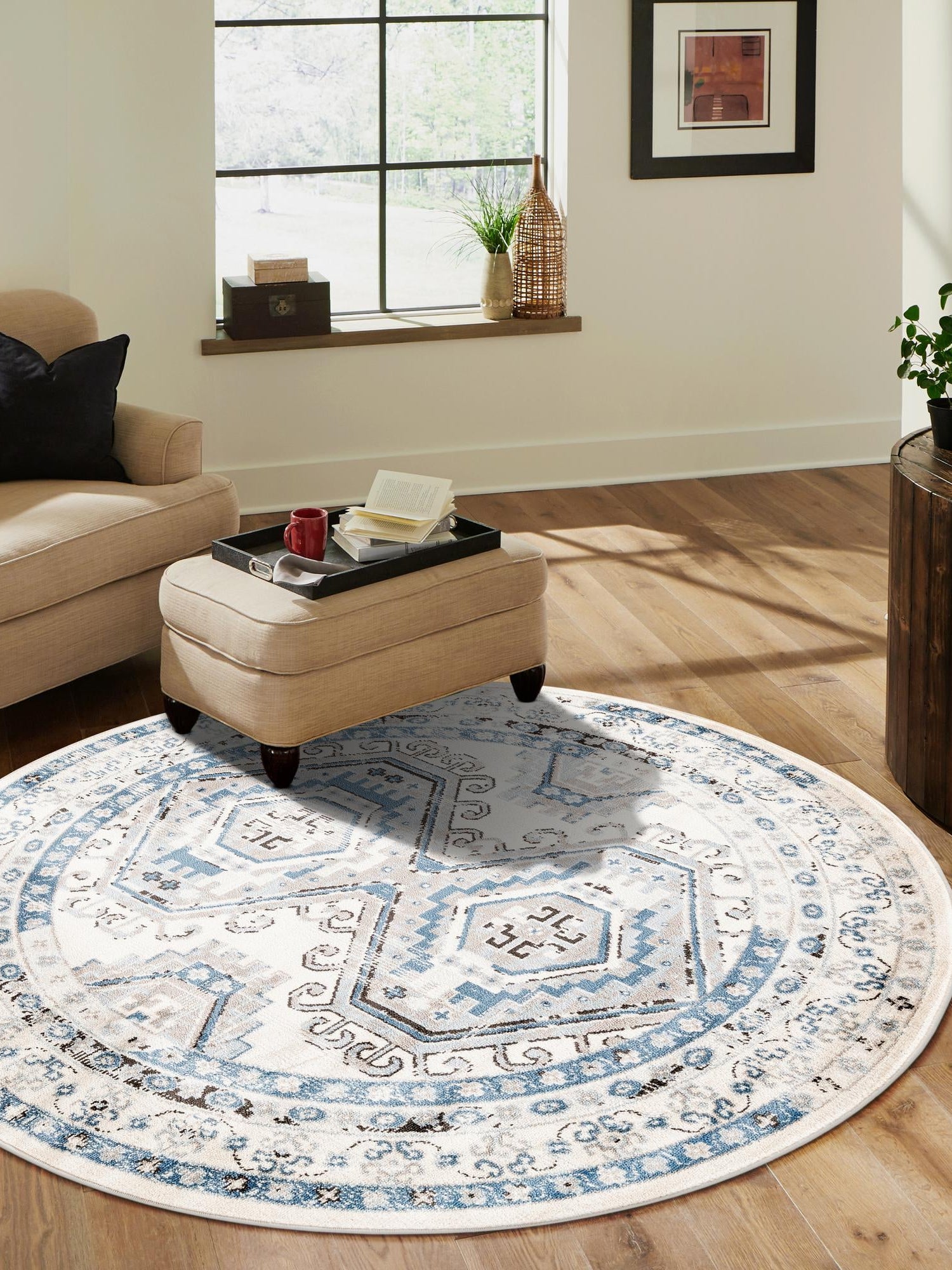 Ivory Aqua 5' 3 x 5' 3 Charlotte Round Area Rug 100% Polypropylene With Jute Backing Traditional Classical Durable Carpet for Living Dining Office Rooms for Sale at Rug Engine