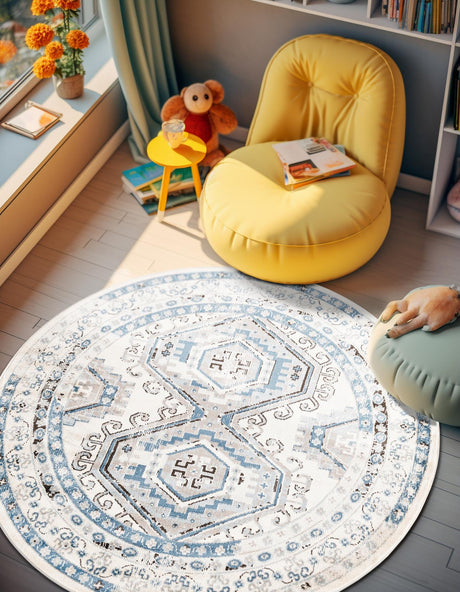 Ivory Aqua 7' 10 x 7' 10 Charlotte Round Area Rug 100% Polypropylene With Jute Backing Traditional Classical Durable Carpet for Living Dining Office Rooms for Sale at Rug Engine
