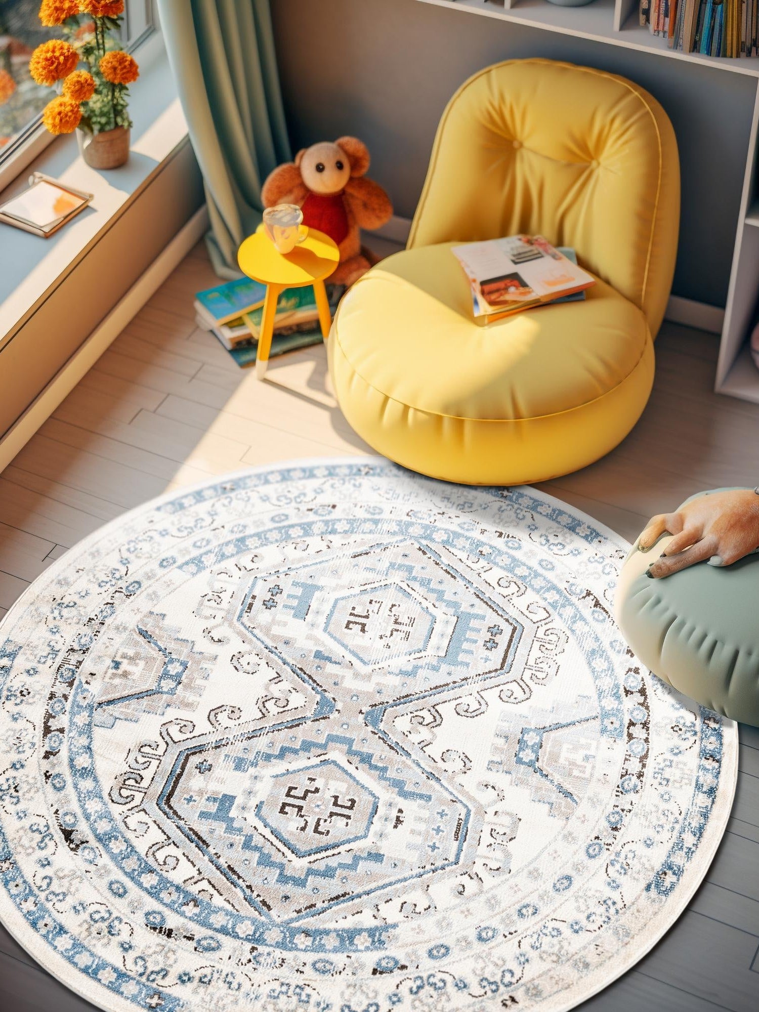 Ivory Aqua 3' 1 x 3' 1 Charlotte Round Area Rug 100% Polypropylene With Jute Backing Traditional Classical Durable Carpet for Living Dining Office Rooms for Sale at Rug Engine