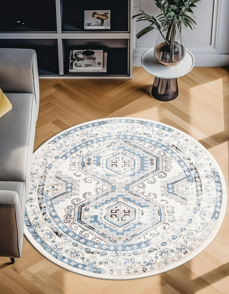 Ivory Aqua 7' 10 x 7' 10 Charlotte Round Area Rug 100% Polypropylene With Jute Backing Traditional Classical Durable Carpet for Living Dining Office Rooms for Sale at Rug Engine
