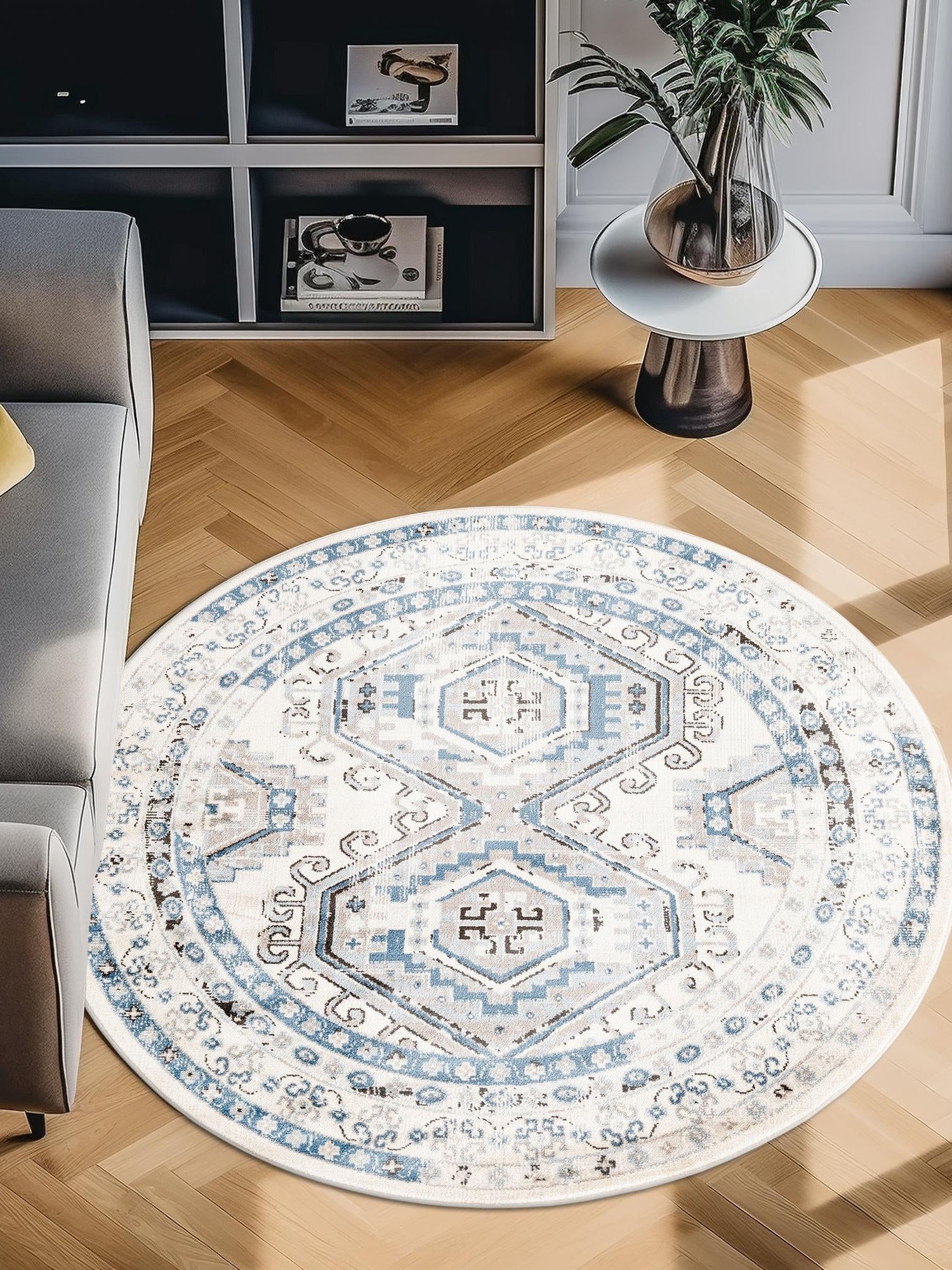 Ivory Aqua 5' 3 x 5' 3 Charlotte Round Area Rug 100% Polypropylene With Jute Backing Traditional Classical Durable Carpet for Living Dining Office Rooms for Sale at Rug Engine