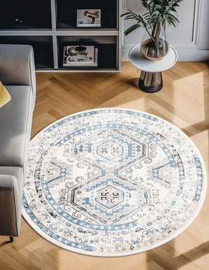 Ivory Aqua 5' 3 x 5' 3 Charlotte Round Area Rug 100% Polypropylene With Jute Backing Traditional Classical Durable Carpet for Living Dining Office Rooms for Sale at Rug Engine