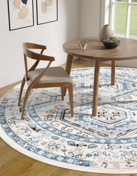 Ivory Aqua 7' 10 x 7' 10 Charlotte Round Area Rug 100% Polypropylene With Jute Backing Traditional Classical Durable Carpet for Living Dining Office Rooms for Sale at Rug Engine