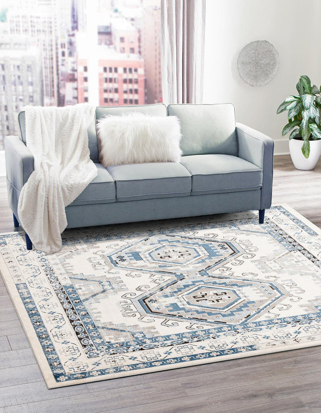 Ivory Aqua 7' 10 x 7' 10 Charlotte Square Area Rug 100% Polypropylene With Jute Backing Traditional Classical Durable Carpet for Living Dining Office Rooms for Sale at Rug Engine