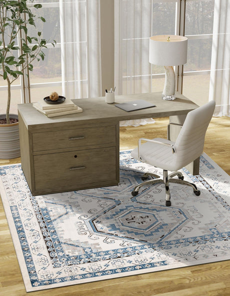 Ivory Aqua 5' 3 x 5' 3 Charlotte Square Area Rug 100% Polypropylene With Jute Backing Traditional Classical Durable Carpet for Living Dining Office Rooms for Sale at Rug Engine