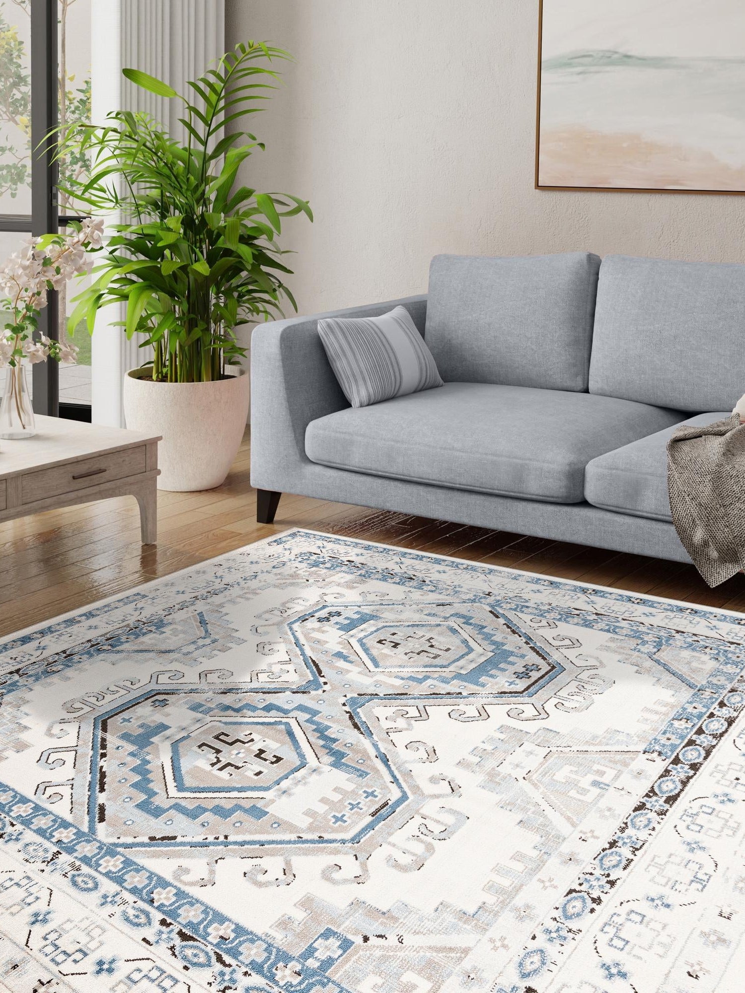 Ivory Aqua 4' 1 x 4' 1 Charlotte Square Area Rug 100% Polypropylene With Jute Backing Traditional Classical Durable Carpet for Living Dining Office Rooms for Sale at Rug Engine
