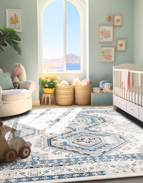 Ivory Aqua 5' 3 x 5' 3 Charlotte Square Area Rug 100% Polypropylene With Jute Backing Traditional Classical Durable Carpet for Living Dining Office Rooms for Sale at Rug Engine