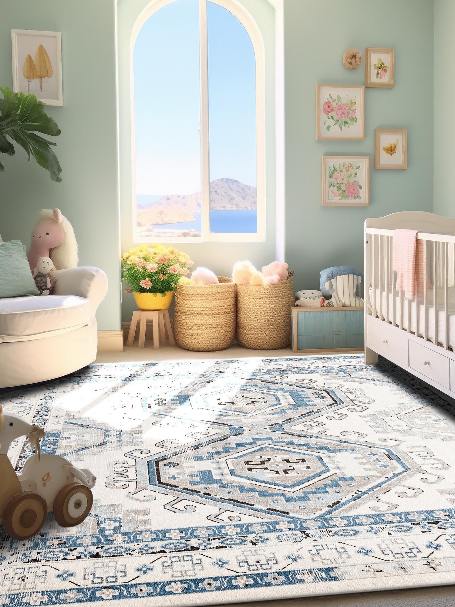 Ivory Aqua 4' 1 x 4' 1 Charlotte Square Area Rug 100% Polypropylene With Jute Backing Traditional Classical Durable Carpet for Living Dining Office Rooms for Sale at Rug Engine