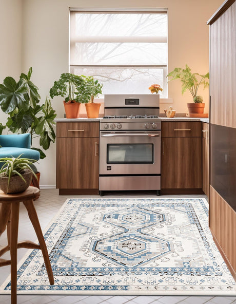 Ivory Aqua 4' 1 x 4' 1 Charlotte Square Area Rug 100% Polypropylene With Jute Backing Traditional Classical Durable Carpet for Living Dining Office Rooms for Sale at Rug Engine
