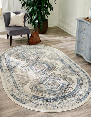 Ivory Aqua 5' 3 x 8' Charlotte Oval Area Rug 100% Polypropylene With Jute Backing Traditional Classical Durable Carpet for Living Dining Office Rooms for Sale at Rug Engine
