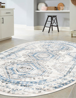 Ivory Aqua 4' 1 x 6' 1 Charlotte Oval Area Rug 100% Polypropylene With Jute Backing Traditional Classical Durable Carpet for Living Dining Office Rooms for Sale at Rug Engine