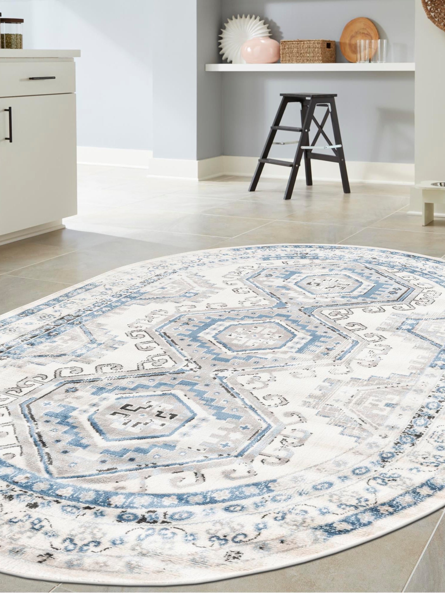 Ivory Aqua 5' 3 x 8' Charlotte Oval Area Rug 100% Polypropylene With Jute Backing Traditional Classical Durable Carpet for Living Dining Office Rooms for Sale at Rug Engine