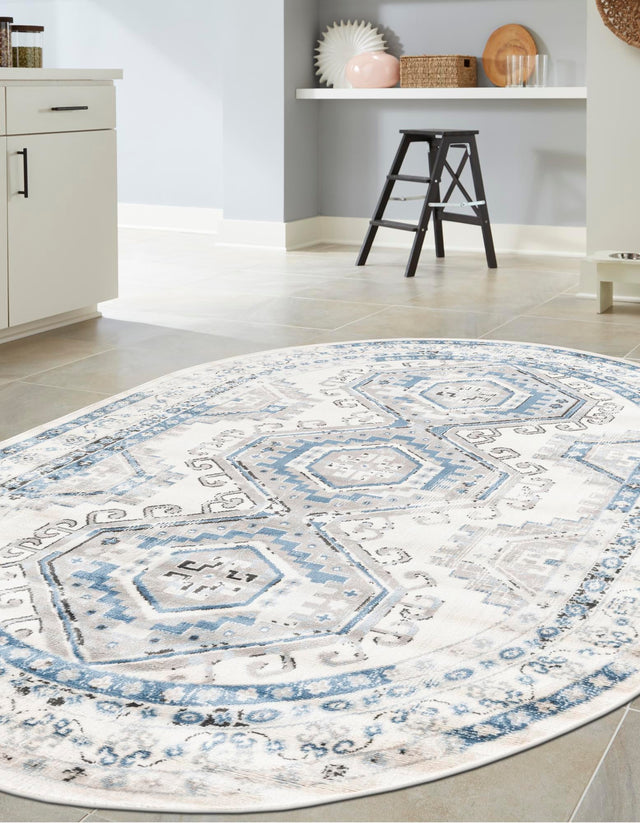 Ivory Aqua 5' 3 x 8' Charlotte Oval Area Rug 100% Polypropylene With Jute Backing Traditional Classical Durable Carpet for Living Dining Office Rooms for Sale at Rug Engine