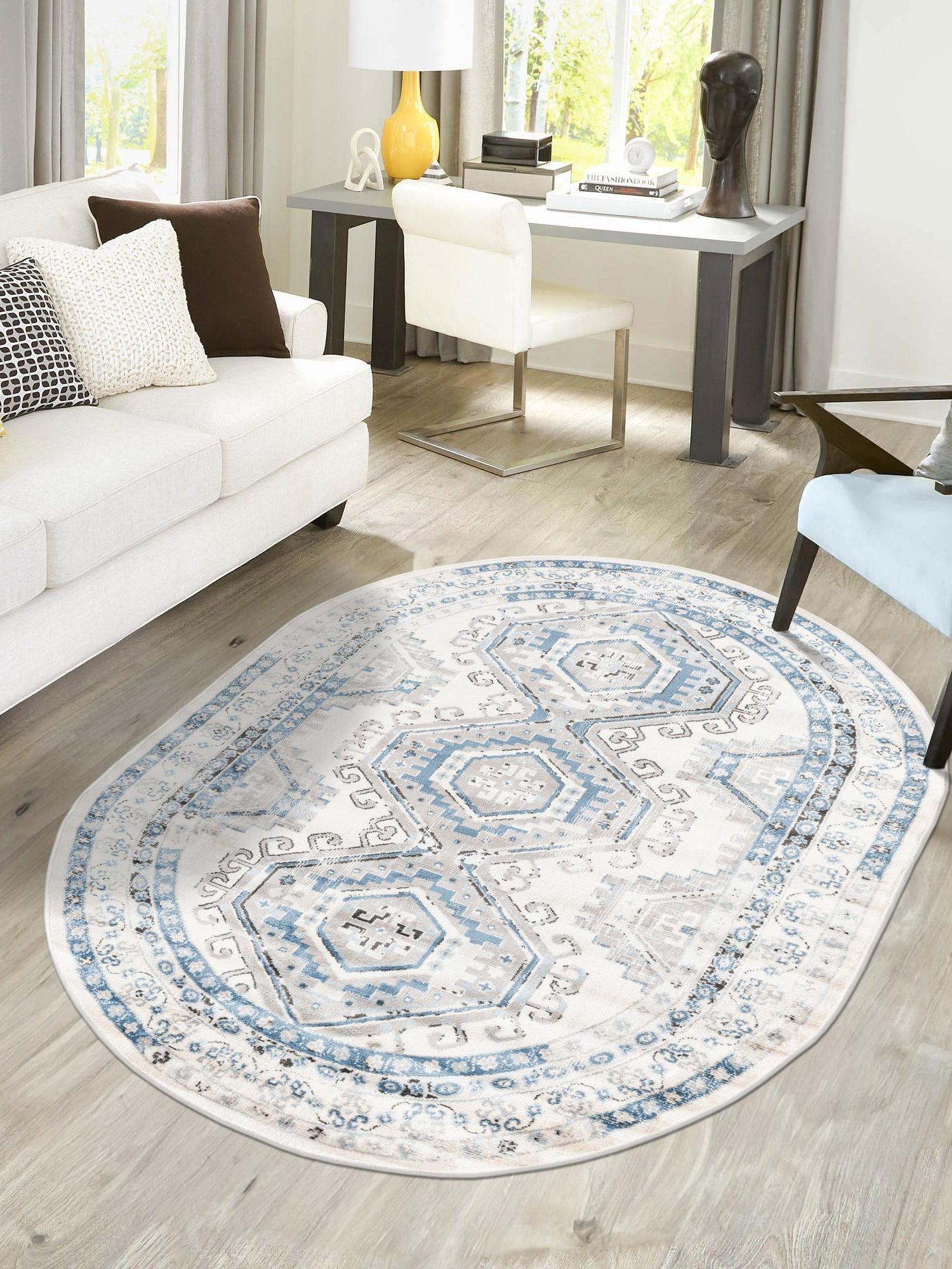 Ivory Aqua 5' 3 x 8' Charlotte Oval Area Rug 100% Polypropylene With Jute Backing Traditional Classical Durable Carpet for Living Dining Office Rooms for Sale at Rug Engine
