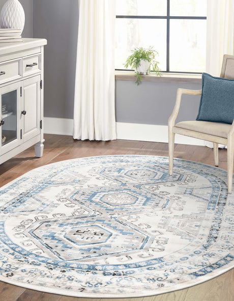Ivory Aqua 5' 3 x 8' Charlotte Oval Area Rug 100% Polypropylene With Jute Backing Traditional Classical Durable Carpet for Living Dining Office Rooms for Sale at Rug Engine