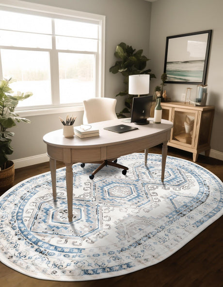 Ivory Aqua 4' 1 x 6' 1 Charlotte Oval Area Rug 100% Polypropylene With Jute Backing Traditional Classical Durable Carpet for Living Dining Office Rooms for Sale at Rug Engine