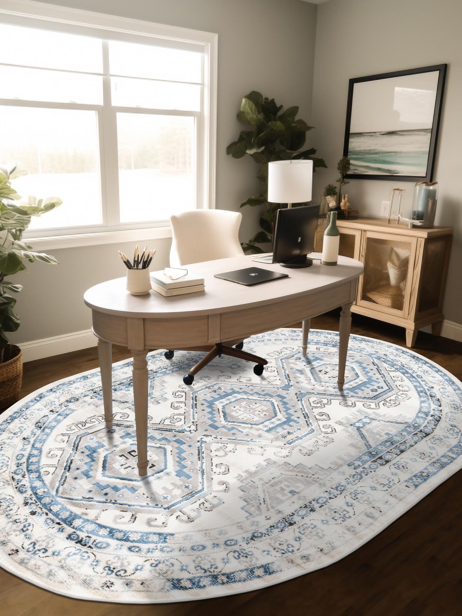 Ivory Aqua 5' 3 x 8' Charlotte Oval Area Rug 100% Polypropylene With Jute Backing Traditional Classical Durable Carpet for Living Dining Office Rooms for Sale at Rug Engine