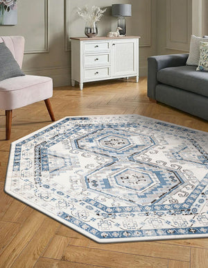 Ivory Aqua 7' 10 x 7' 10 Charlotte Octagon Area Rug 100% Polypropylene With Jute Backing Traditional Classical Durable Carpet for Living Dining Office Rooms for Sale at Rug Engine