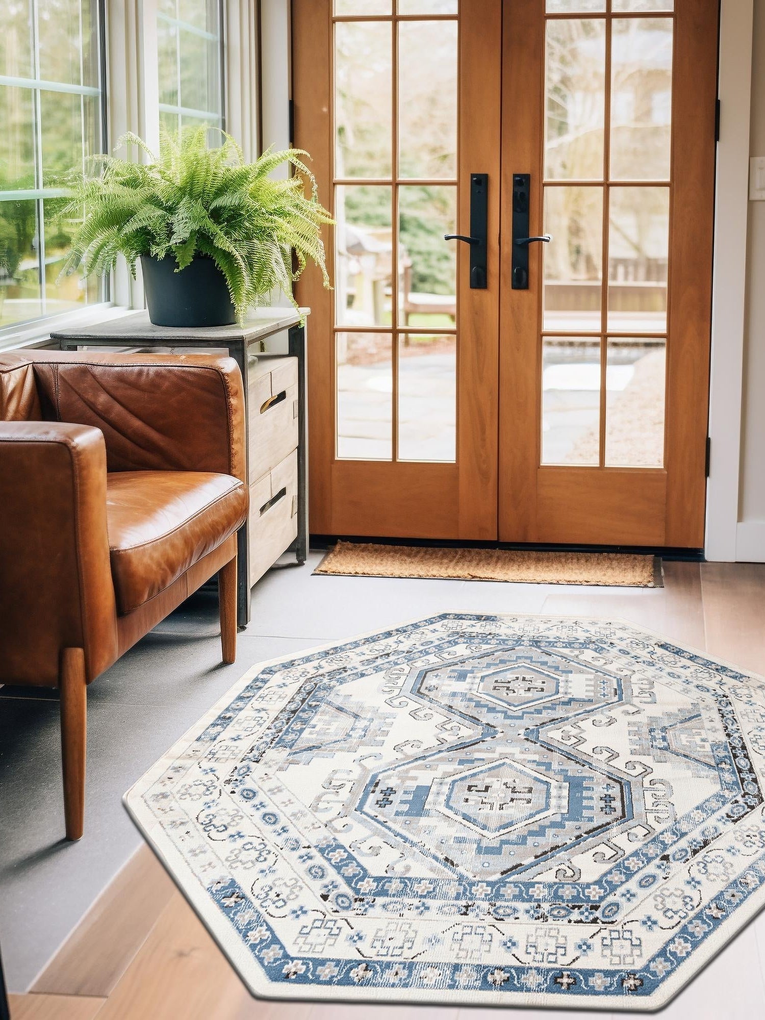 Ivory Aqua 5' 3 x 5' 3 Charlotte Octagon Area Rug 100% Polypropylene With Jute Backing Traditional Classical Durable Carpet for Living Dining Office Rooms for Sale at Rug Engine
