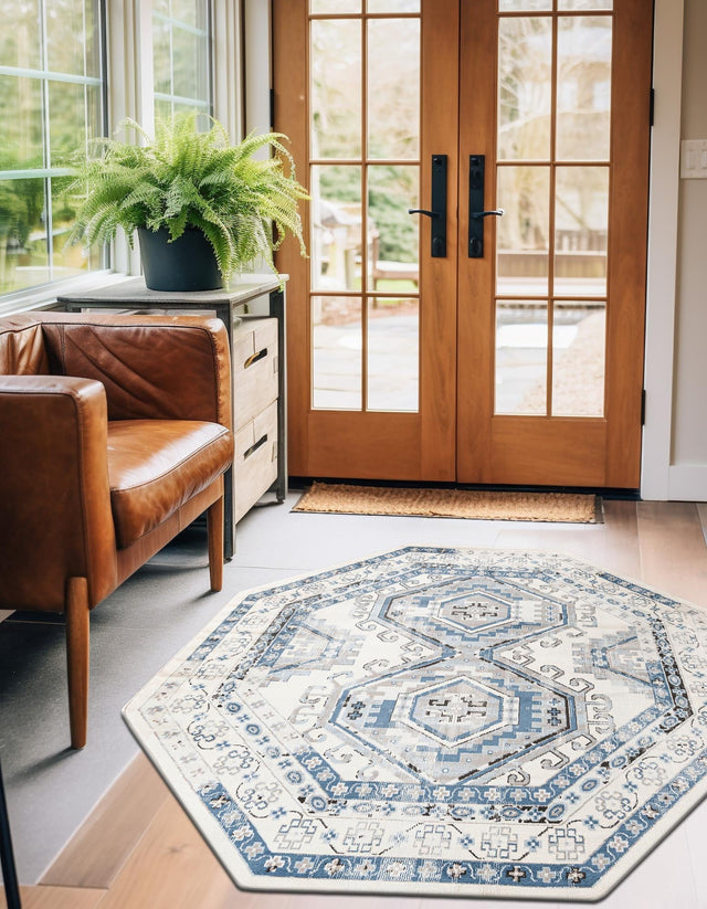 Ivory Aqua 5' 3 x 5' 3 Charlotte Octagon Area Rug 100% Polypropylene With Jute Backing Traditional Classical Durable Carpet for Living Dining Office Rooms for Sale at Rug Engine