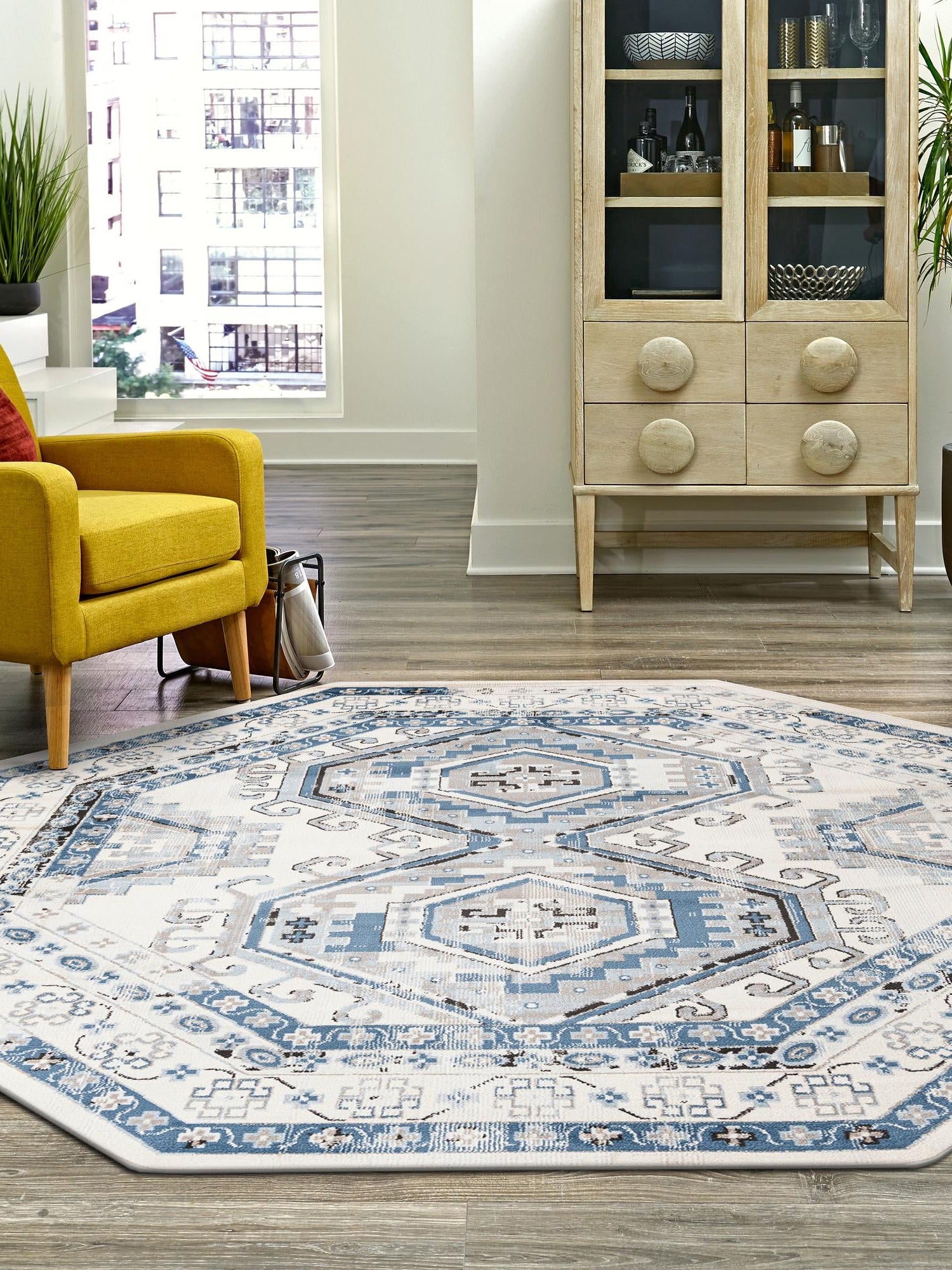 Ivory Aqua 5' 3 x 5' 3 Charlotte Octagon Area Rug 100% Polypropylene With Jute Backing Traditional Classical Durable Carpet for Living Dining Office Rooms for Sale at Rug Engine