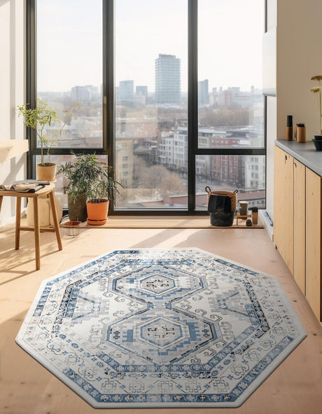Ivory Aqua 7' 10 x 7' 10 Charlotte Octagon Area Rug 100% Polypropylene With Jute Backing Traditional Classical Durable Carpet for Living Dining Office Rooms for Sale at Rug Engine