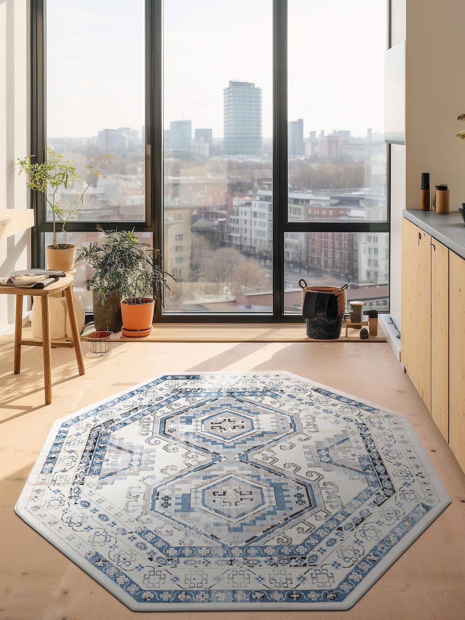 Ivory Aqua 5' 3 x 5' 3 Charlotte Octagon Area Rug 100% Polypropylene With Jute Backing Traditional Classical Durable Carpet for Living Dining Office Rooms for Sale at Rug Engine