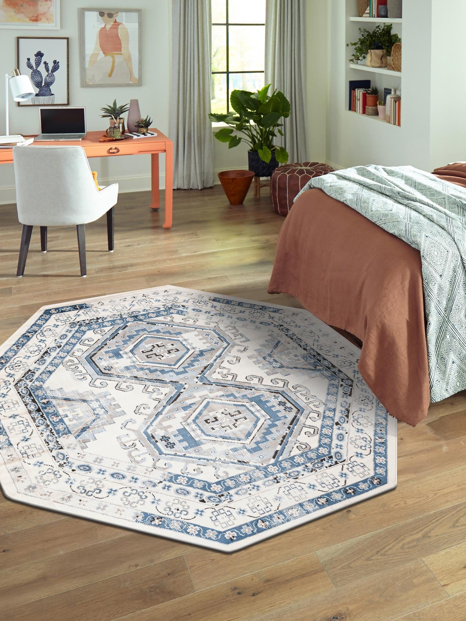 Ivory Aqua 5' 3 x 5' 3 Charlotte Octagon Area Rug 100% Polypropylene With Jute Backing Traditional Classical Durable Carpet for Living Dining Office Rooms for Sale at Rug Engine