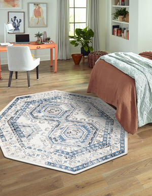 Ivory Aqua 5' 3 x 5' 3 Charlotte Octagon Area Rug 100% Polypropylene With Jute Backing Traditional Classical Durable Carpet for Living Dining Office Rooms for Sale at Rug Engine