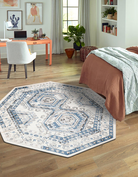 Ivory Aqua 5' 3 x 5' 3 Charlotte Octagon Area Rug 100% Polypropylene With Jute Backing Traditional Classical Durable Carpet for Living Dining Office Rooms for Sale at Rug Engine