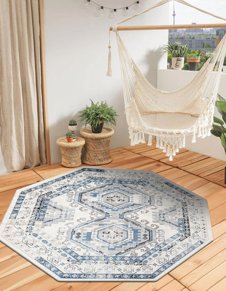 Ivory Aqua 7' 10 x 7' 10 Charlotte Octagon Area Rug 100% Polypropylene With Jute Backing Traditional Classical Durable Carpet for Living Dining Office Rooms for Sale at Rug Engine