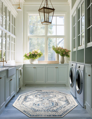 Ivory Aqua 7' 10 x 7' 10 Charlotte Octagon Area Rug 100% Polypropylene With Jute Backing Traditional Classical Durable Carpet for Living Dining Office Rooms for Sale at Rug Engine