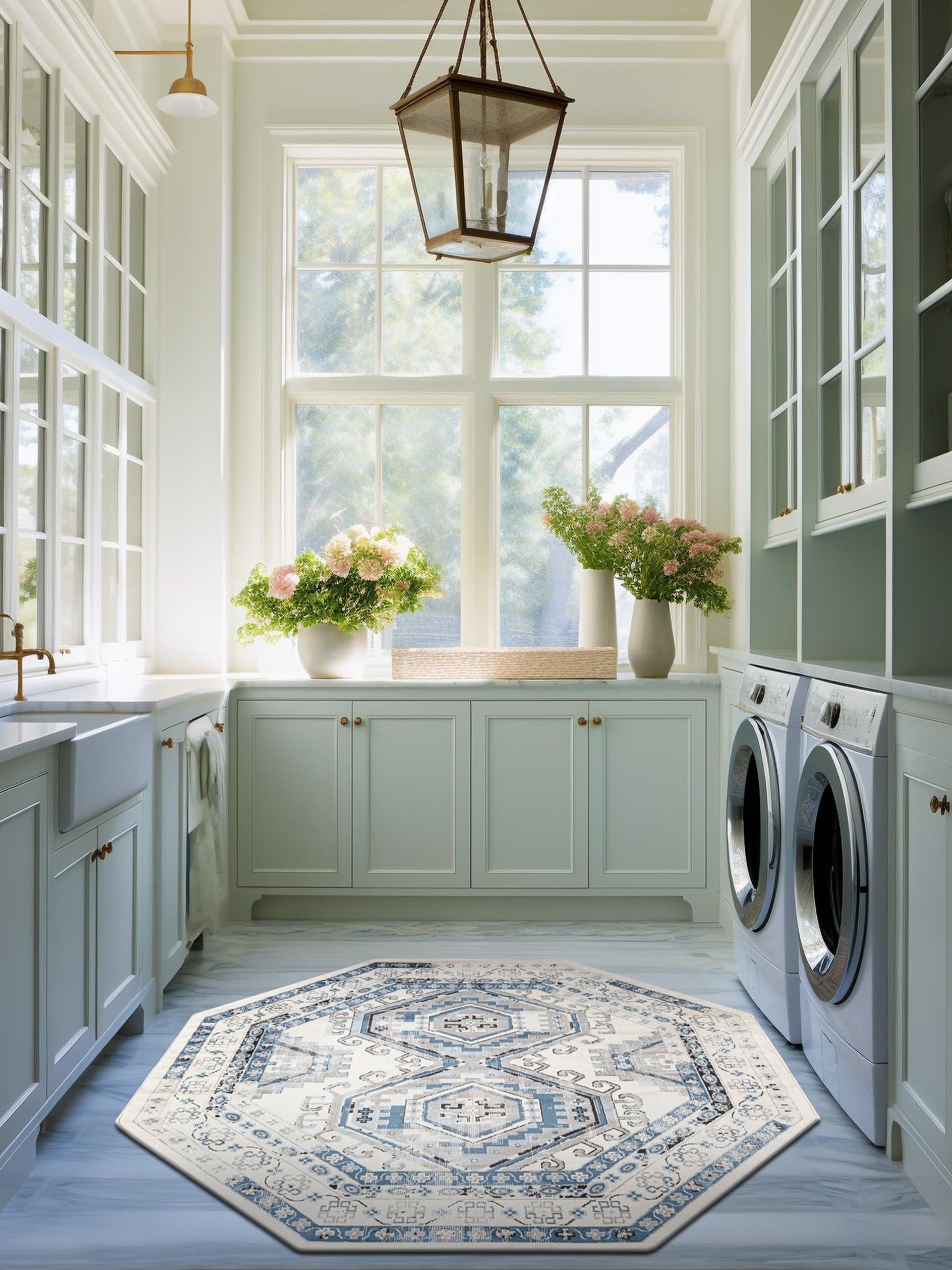 Ivory Aqua 5' 3 x 5' 3 Charlotte Octagon Area Rug 100% Polypropylene With Jute Backing Traditional Classical Durable Carpet for Living Dining Office Rooms for Sale at Rug Engine