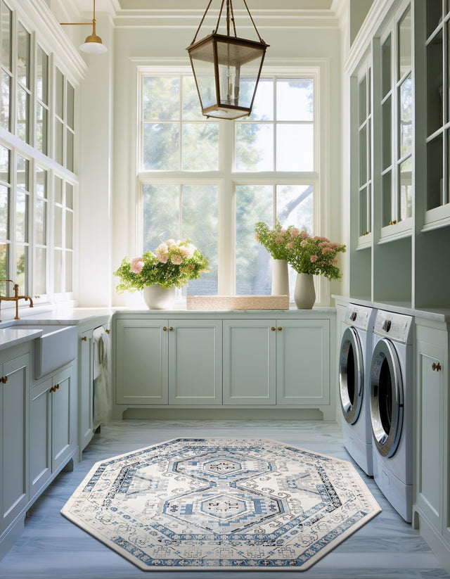 Ivory Aqua 5' 3 x 5' 3 Charlotte Octagon Area Rug 100% Polypropylene With Jute Backing Traditional Classical Durable Carpet for Living Dining Office Rooms for Sale at Rug Engine