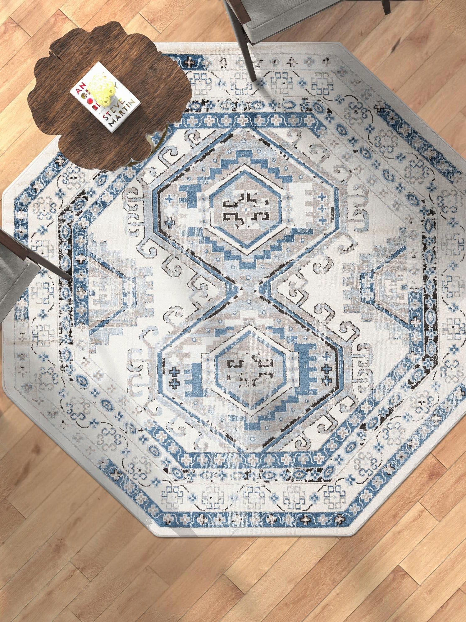 Ivory Aqua 5' 3 x 5' 3 Charlotte Octagon Area Rug 100% Polypropylene With Jute Backing Traditional Classical Durable Carpet for Living Dining Office Rooms for Sale at Rug Engine