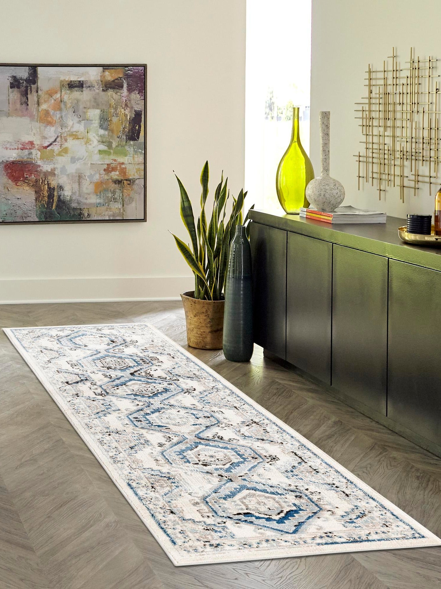 Ivory Aqua 3' 1 x 13' 1 Charlotte Runner Area Rug 100% Polypropylene With Jute Backing Traditional Classical Durable Carpet for Living Dining Office Rooms for Sale at Rug Engine