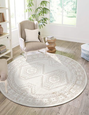 Ivory 5' 3 x 5' 3 Charlotte Round Area Rug 100% Polypropylene With Jute Backing Traditional Classical Durable Carpet for Living Dining Office Rooms for Sale at Rug Engine