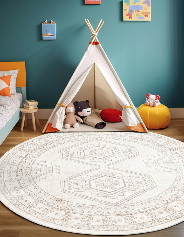 Ivory 5' 3 x 5' 3 Charlotte Round Area Rug 100% Polypropylene With Jute Backing Traditional Classical Durable Carpet for Living Dining Office Rooms for Sale at Rug Engine