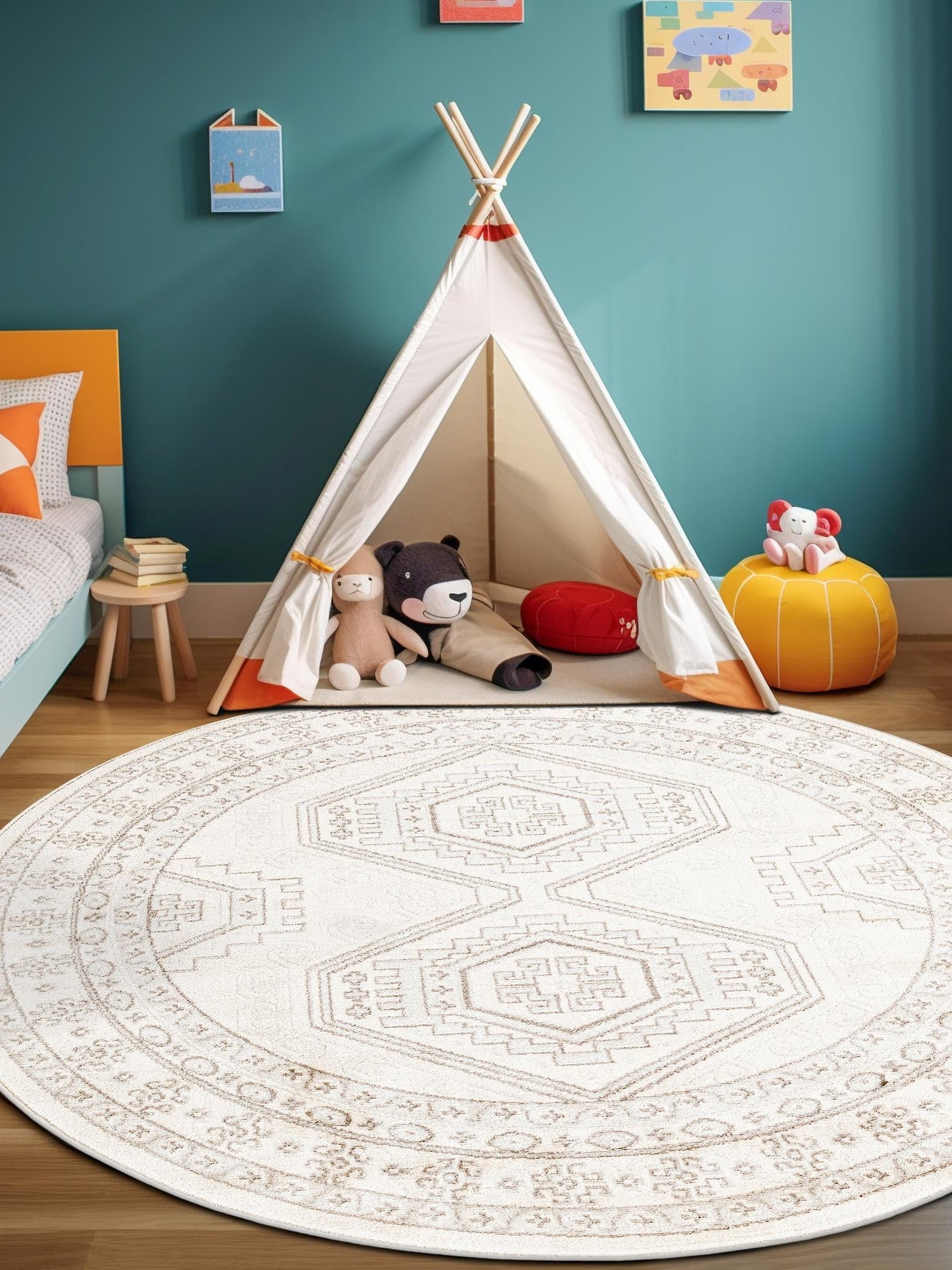 Ivory 3' 1 x 3' 1 Charlotte Round Area Rug 100% Polypropylene With Jute Backing Traditional Classical Durable Carpet for Living Dining Office Rooms for Sale at Rug Engine